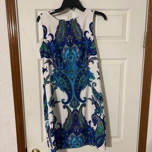 White dress with blue and turquoise design